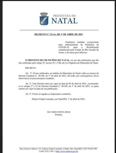 BZNotícias - Prefeito Álvaro Dias estabelece os termos do decreto estadual  em Natal - Portal da Abelhinha